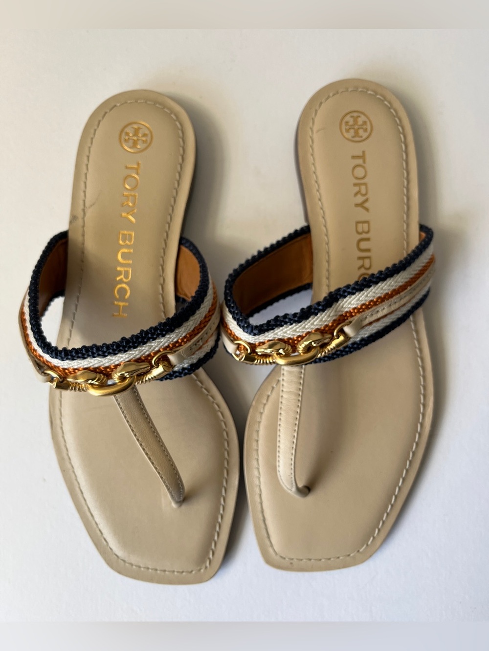 Tory Burch Beige Leather Thong Sandals with Navy, White & Brown Trim
